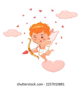Cute red-haired cupid in pink clouds. Cherub with arrow and bow. Cartoon vector illustration for valentine day or wedding