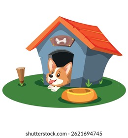 The cute red-haired dog is lying in the booth. Vector drawing of a pet in his house on a white background.