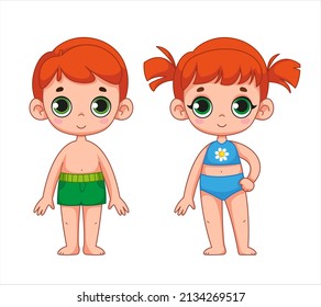 Cute red-haired girl in a bathing suit and a boy. Set of children in beach clothes. Family, brother and sister. Children's illustration of child. Vector illustration in cartoon style. Isolated clipart