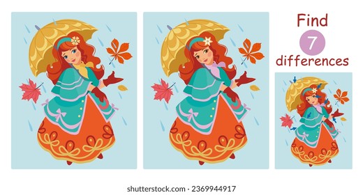 Cute red-haired girl in beautiful vintage dress with umbrella in rain and autumn leaf fall. Find differences, education game for children. Flat vector illustration.
