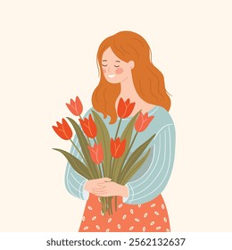 Cute red-haired girl with a bouquet of tulips. Vector illustration in a flat style.