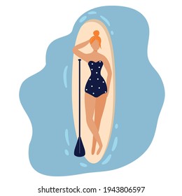 Cute red-haired girl dressed in polka-dot swimwear lying on supboard next to paddle on sea background. Beautiful woman sunbathing in summer vibes. Vacation at seaside resort. Flat vector illustration