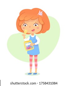 Cute red-haired girl eat gummy jelly candy different shape sweet dessert from pack. Little pretty preschool child enjoy sugar unhealthy food. Tasty juicy treat. Lovely toddler. Happy childhood. Vector