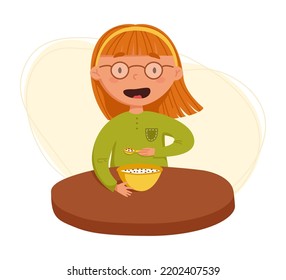 Cute red-haired girl having breakfast vector illustration. Child eats oatmeal with milk for breakfast. Daily routine. Schedule. Illustration on abstract background
