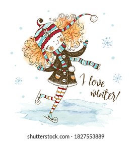 Cute red-haired girl in a knitted hat skating in winter. Watercolors and graphics. Vector.