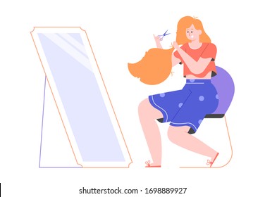 Cute Red-haired Girl Makes A DIY Haircut At Home. Sits In Front Of A Mirror With Scissors. Quarantine Self-reliant Hair Care. Vector Flat Illustration.