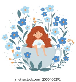 Cute red-haired girl sits in a coffee mug surrounded by forget-me-nots. Scandinavian illustration for a card, print or poster.