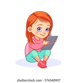 Cute red-haired girl sitting on the floor with a tablet computer in hands. Colorful vector illustration isolated on white background.