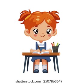 Cute red-haired girl studying at school desk. Vector illustration