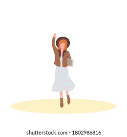 Cute red-haired girl waving hand in a hat and dress. Flat cartoon characters. 