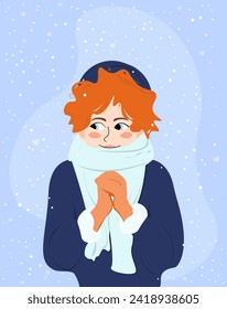 Cute red-haired girl in winter clothes smiles. A girl in love stands among the falling snow. Flat illustration of a girl wearing a hat, gloves, scarf and jacket in winter. Waist-length image.