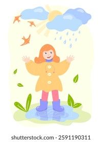 A cute red-haired girl in a yellow raincoat, rubber boots greets the first spring rain and migratory birds. Happy girl, sunny vector illustration. Elements for spring design.