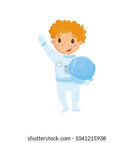 Cute Red-haired Teen Boy Wants To Be Cosmonaut In Future. Cartoon Child Wearing Astronaut Costume And Holding Protective Helmet. Dream Profession. Flat Vector Design