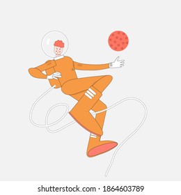 Cute Red-haired Teen Boy Wants To Be Cosmonaut In Future. Cartoon Child Wearing Astronaut Costume And Holding Protective Helmet. Dream Profession. Flat Vector Design.