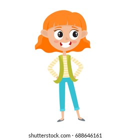 Cute red-haired teenage girl in stylish clothes isolated on white. Vector illustration of happy standing stylish kid used for magazine, book, poster, card.