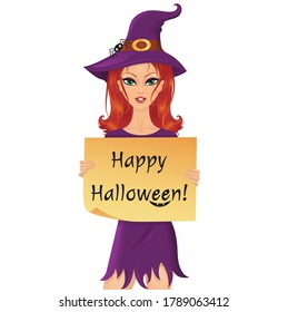 Cute red-haired witch with a pumpkin holding a piece of paper with happy halloween text.