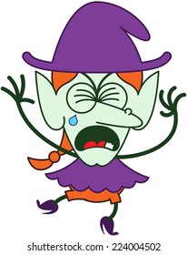 Cute red-haired witch with purple clothes and hat, big nose, pointy ears and green skin while crying, clenching her eyes, yelling and raising her arms in a very agitated mood