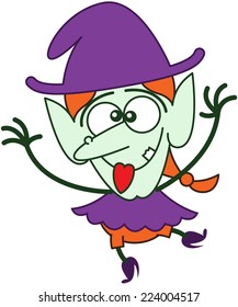 Cute red-haired witch with purple clothes and hat, big nose and green skin while twirling, smiling, crossing her eyes, sticking her tongue out, raising her arms and making funny faces in a joyful mood