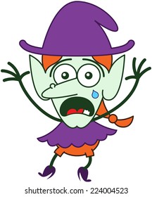 Cute red-haired witch with purple clothes and hat, big nose, pointy ears and green skin while crying, yelling and raising her arms in a very distressed mood