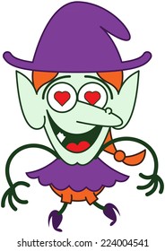 Cute red-haired witch with purple clothes and hat, big nose, pointy ears, red heart eyes and green skin while jumping, smiling and feeling madly in love