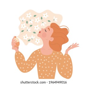 A cute red-haired woman or girl holds a bottle in her hand and sprays perfume with orange blossom on herself and enjoys the scent. Vector illustration. Orange flowers.