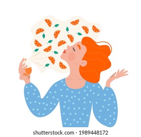 A cute red-haired woman or girl holds a bottle in her hand and sprays perfume with orange on herself and enjoys the scent. Vector illustration. Orange slices. Citrus notes.