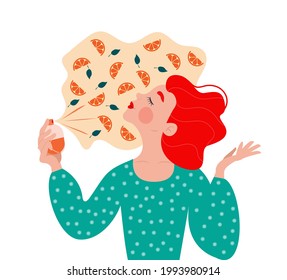 A cute red-haired woman or girl holds a bottle in her hand and sprays perfume with orange on herself and enjoys the scent. Vector illustration. Orange slices. Citrus notes.
