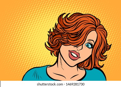 cute red-haired woman look. Pop art retro vector illustration drawing