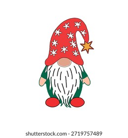  Um lindo gnomo vermelho com barba e estrela, perfeito para decorações de Natal em estilo escandinavo, cartões ou ilustrações de férias.  