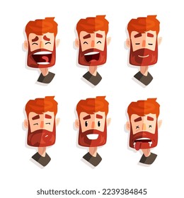 Cute Redhead Bearded Man Head with Different Facial Expression Vector Set