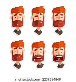 Cute Redhead Bearded Man Head with Different Facial Expression Vector Set