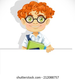 Cute redhead boy in glasses hold big banner