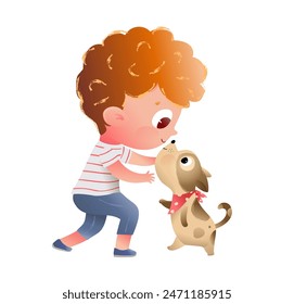 Lindo chico pelirrojo y su mejor amigo pequeño perrito, personaje de niño jugando con perro de mascota, niños y cachorros ilustración. Vector dibujado a mano Clipart de dibujos animados para niños.