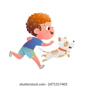 Netter roter Junge und sein bester Freund kleiner Welpe Hund läuft zusammen. Kinderfigur spielt mit Haustier Hunde, Kinder und Welpen Illustration. Vektorgrafik Handgezeichnete Clipart-Cartoon für Kinder.