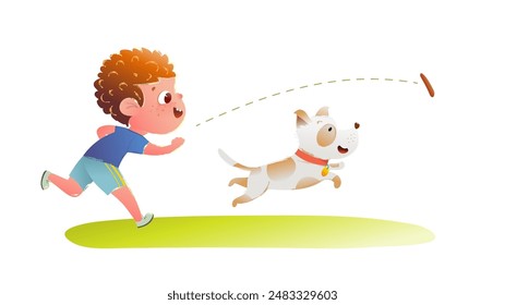 Lindo chico pelirrojo y su mejor amigo pequeño perrito corriendo jugando a buscar un palo. Personaje infantil con perro de mascota, niños y cachorros ilustración. Vector dibujado a mano Clipart de dibujos animados para niños.