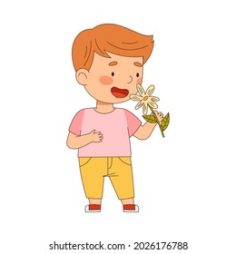 Cute Redhead Boy Holding Flower Bouquet Smelling Aroma and Fragrance Vector Illustration