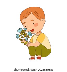 Cute Redhead Boy Holding Flower Smelling Aroma and Fragrance Vector Illustration