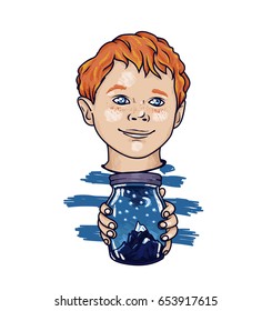 cute redhead boy with magical jar in his hands on white background, can be used as poster for ecological organization or summer camp, vector illustration