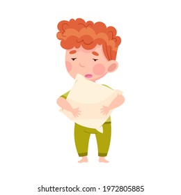 Cute Redhead Boy in Pajamas Holding Pillow Feeling Sleepy Vector Illustration