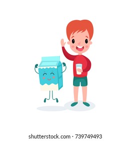Cute redhead boy playing with smiling humanized package of milk, healthy food for kid cartoon vector illustration