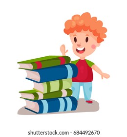 Cute redhead boy standing next to a pile of books, education and knowledge concept, colorful character vector Illustration