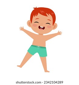 Cute redhead boy in swimwear vector illustration. Adorable kid isolated on white background. Fashion, childhood, vacation, summer holidays concept