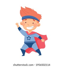 Cute Redhead Boy Wearing Cape as Superhero Pretending Having Power for Fighting Crime Vector Illustration