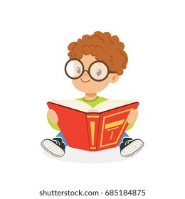 Cute redhead boy wearing glasses reading a book, kid enjoying reading, colorful character vector Illustration