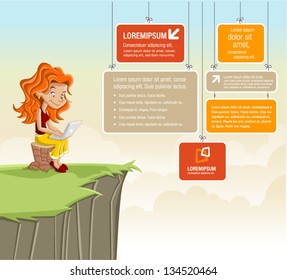 Cute redhead cartoon girl with laptop on green park with boards for template / design.