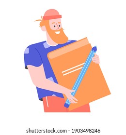 Cute redhead character man with book and pencil. Student. Vector flat illustration.
