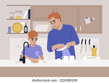 Cute redhead family washing dishes in the kitchen, domestic chores