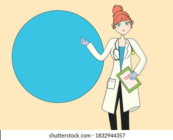 
cute redhead female doctor with stethoscope points to something vector illustration female doctor wearing a white robe