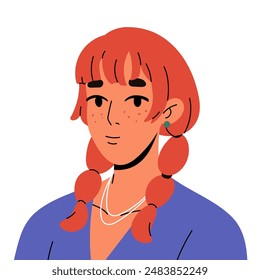 Linda chica pelirroja avatar. Retrato de mujer joven con pecas en la cara feliz. Perfil de usuario femenino de adolescente de pelo rojo con coletas divertidas. Ilustración vectorial aislada plana sobre fondo blanco