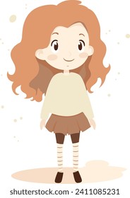 Cute redhead girl in brown skirt and striped leggings. Happy cartoon child standing with a smile. Charming kids fashion and cheerful childhood vector illustration.